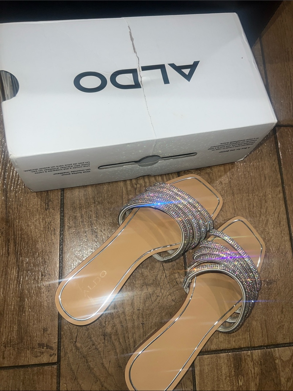 ALDO Crystal-Embellished Beige Slide Sandals